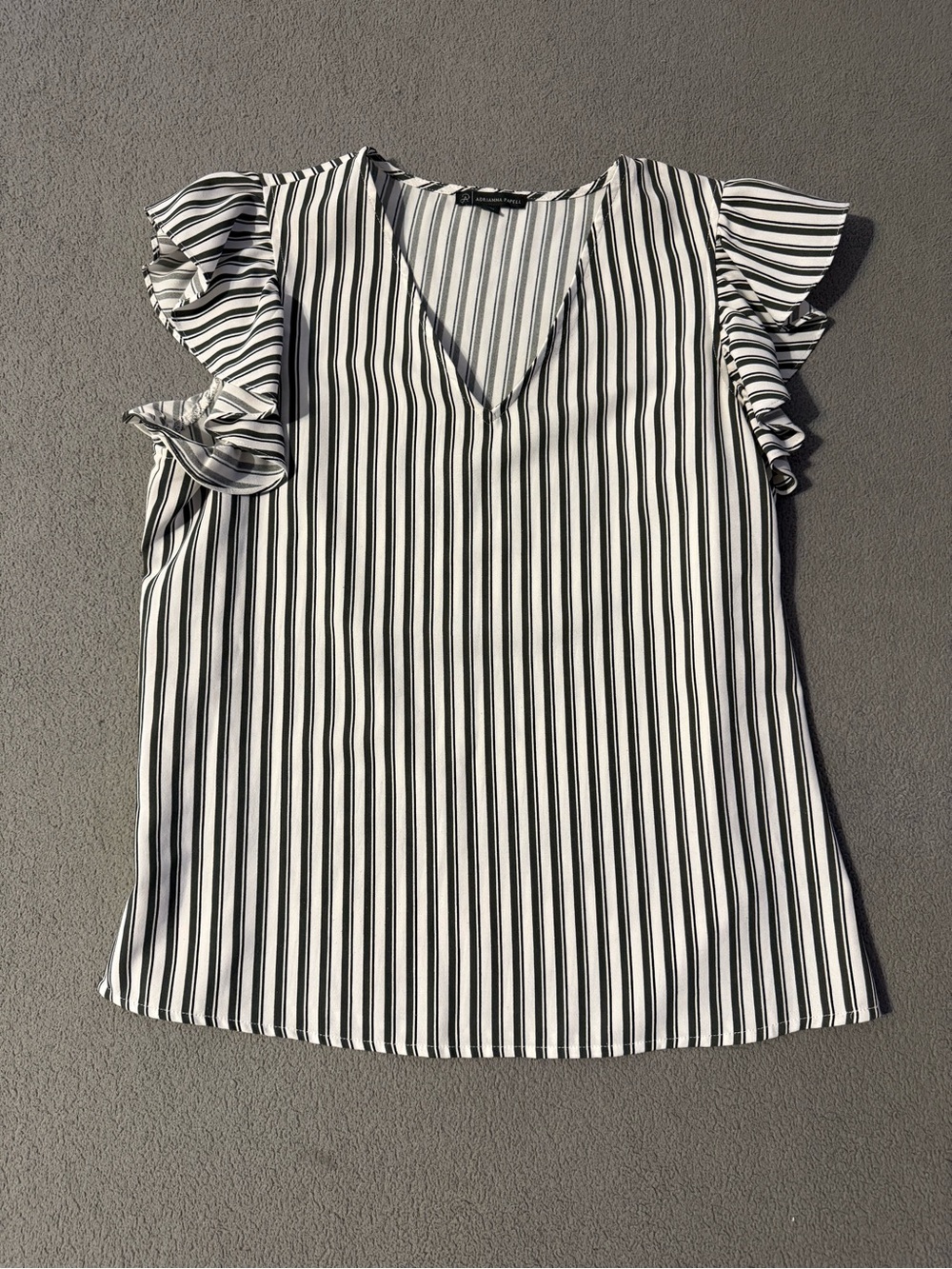 Adrianna Papell Black & White Vertical Stripe V-Neck Ruffle Sleeve Blouse